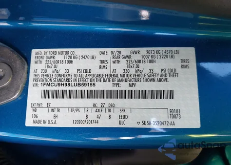 2020 Ford Escape Sel from USA, damaged, VIN 1FMCU9H98LUB59155